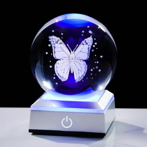 Movdyka 3D Crystal 3.15in Ball Engraved Butterfly with LED Light Base Figurine Gifts for Women, Sphere Decorative Ornaments for Room Keepsakes for Her Daughter Bestie