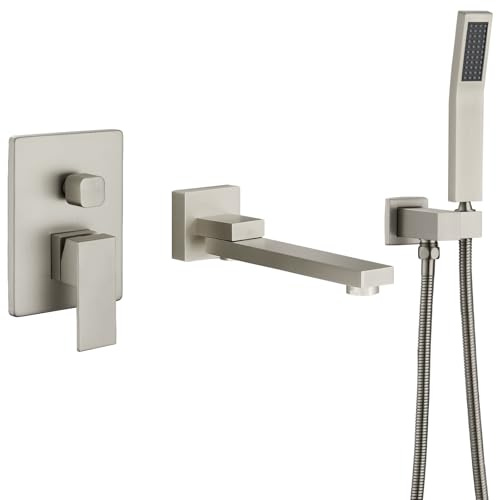DASAN Swiveling Wall Mount Tub Filler Faucet Set with Hand Held Shower, Brushed Nickel Modern Creative Bathtub Faucet Wall Mounted Bath Tub Faucet with High Flow Rough in Valve, SA-TF05WH-BN