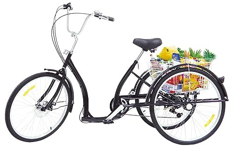 Wiyuer 26 Zoll Dreirad für Erwachsene 3 Rad Fahrrad Seniorenfahrrad Fahrrad Erwachsene Senioren Trike m/ 6 Gang 3 Räder Lastenfahrrad Mit Einkaufskorb Schwarz für Anwendbare Höhe 1.65-1.85m