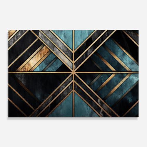 ARTHUB® Glasbild 50x70 cm, 4mm ESG | Moderne Wandbilder aus Glas für Wohnzimmer & Schlafzimmer, Wanddekoration, Wohnkultur, Abstrakte, Gold Lines On Blue Painting