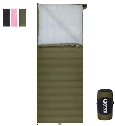 QEZER [Plumón] Saco De Dormir Adulto Multifuncional [ 4℃~12℃,1.06 kg ] Ultraligero Sleeping Bag, Camping y Senderismo, 3~4 Estaciones, Compacto y Lmpermeable (Verde)