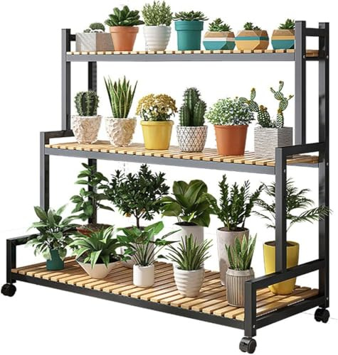 Wrobelax Metal Plant Stand Ladder Plant Shelf Tall Plant Stand Outdoor Indoor - 3 Tier Steel-Wood Plant Shelves For Terrace Garden Corner Balcony, Living Room Storage(Size:100cm,Color:Black)