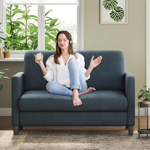 Sofa 2 Sitzer Klein, 130cm Mini Couch Klein, Gemütliches kleines Sofa für Jugendzimmer, Werkzeugfreies Aufstellen von Minisofa, 2er Sofas und Couchs aus Vollholz, Kleine Sofas Wohnzimmer, Blau Grau