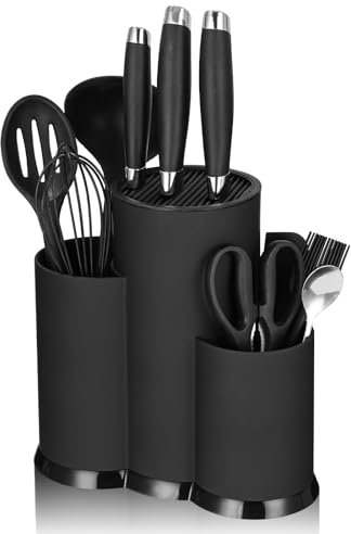 Zhufas porta coltelli cucina 3 in 1 Senza Coltello, Ceppo Coltelli da Cucina, Portacoltelli Rotondo con Fessure, Organizer per Ceppo Coltelli Adatto a Tutti i Coltelli da Cucina, Ceppo Coltelli Nero