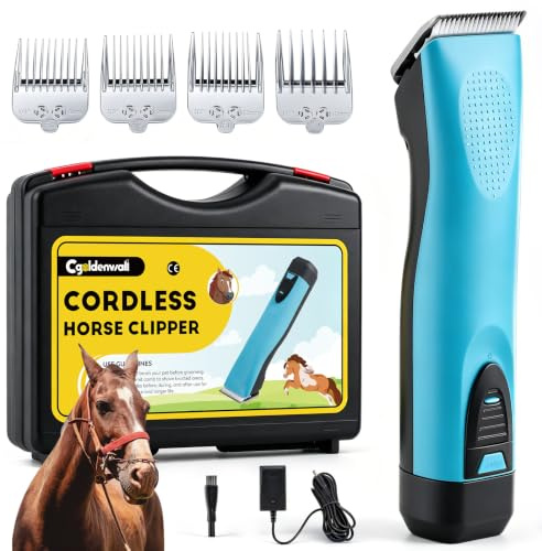 CGOLDENWALL Horse Grooming Clipper Cordless, 1400mAh Li-Ion Battery for 90min Duration & 3.5m Cable for Corded/Cordless, 3200-4000rpm 2-Speed Setting, for Dog, Horse, Goat, Cow and Thick Coat Animal