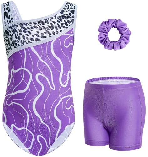 Gogokids Tredelade gymnastiktrikåer för flickor, långärmade, set med shorts och hårband, glittrande, balettdans, dräkter – gymnastikdräkt med tonad färgdesign för 3–12 år, 120(110-120 cm,6-7Y)