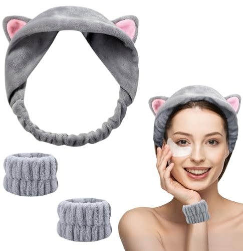 KEYRI 3 Stück Kosmetik Haarband Handgelenkband für Gesichtspflege Make-up Waschen Gesicht Katzenohr Spa Stirnband Gesicht Stirnband Weiches Handgelenkband für Mädchen und Frauen (Grau, Einheitsgröße)