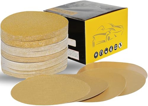 100 PCS 6 Inch Gold PSA Sanding Discs Set -20 Each of 80, 120, 180, 220, 400 Grit - Self Adhesive Stickyback Sandpaper Discs for 6 DA Sander Sand Automotive Car Paint, Woodworking, Metal