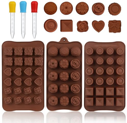 3 Stück Pralinenform Silikon, Pralinenformen mit 3 Pipetten, 3D Antihaftbeschichtung Silikonform Pralinen, Silikonform Schokolade für Schokolade, Süßigkeiten, Gelee, Eiswürfel und Seifen