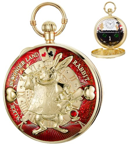 Tiong Orologio da tasca con carillon a manovella, con catena, regalo di compleanno e laurea, per donne e uomini, 45 oro Rosso, Retrò