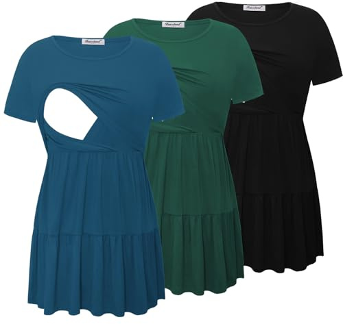 Bearsland Women’s Nursing Top 3pack Short Sleeve Scoop Neck Nursing Shirt Breastfeeding Shirts, Black & Vivid Blue & Deep Green, S