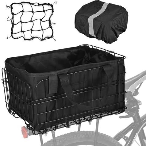 Aomiun Foldable Bike Baskets 60L Bike Cargo Basket Folding Rear Metal Basket with Removable Liner Bag Rain Cover Net Bag Quick Release for Carrying Grocery Pets