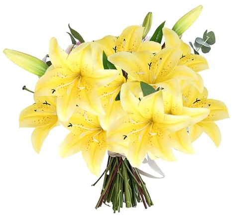 Künstliche Lilien, kurzer Stiel, künstliche Blumen mit 12 blühenden Blütenköpfen und 5 Knospen für Zuhause, Hochzeit, Büro, Party, Festival, Dekoration, Gelb, 5 Stück