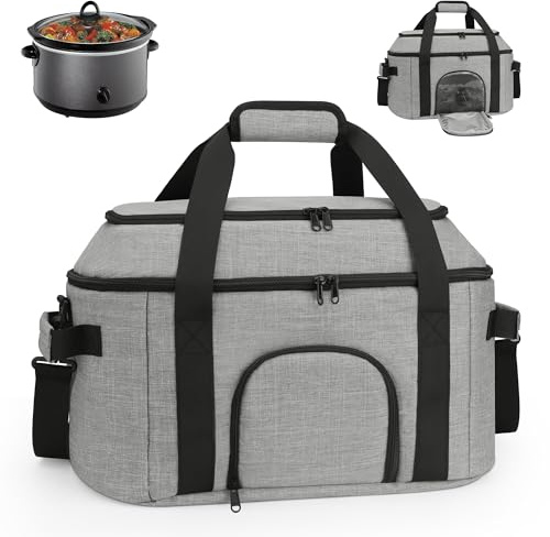 DD DEVILLI Double-Layer Slow Cooker Carrying Bag for 6-8 Quart CrockPot and Hamlton Beach,Portable Carrier Case with See-Through Window,Travel Bag with Lid Fastener for Family Gathering,Grey