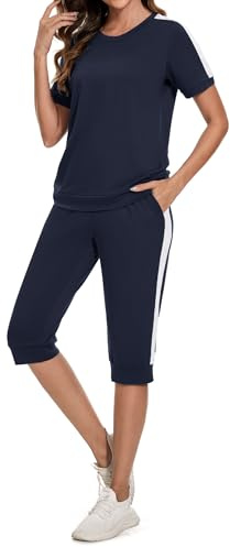 Aottori Tuta Sportiva Donna Due Pezzi Pantaloni 3/4 Blu Scuro XXL