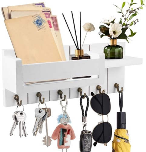 BTBHIHO 6 Hooks Wooden Wall Key Holder, Wall-Mounted Key Rack with Storage Shelf, White Key Hanger, Multipurpose Key Hooks Organizer for Entryway, Bedroom, Kitchen, Living Room