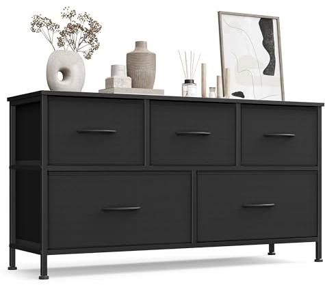Songmics byrå, skåp, 5 tyglådor, förvaringsskåp, stål, MDF, non-woven tyg, för sovrum, hall, vardagsrum, bläcksvart-eben-svart LGS322BH03 | Skåp, modern, för sovrum, hall, vardagsrum, bläcksvart-ebenholts, svart, BELLAH-kollektion LGS322BH03