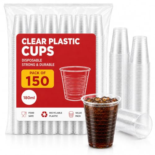 AIBULO Clear Plastic Disposable Cups 150 Pack – 180ml (7oz) Cold Drink Cups for Office, Parties, Catering & Events | Transparent Plastic Cups for Water, Juice & More