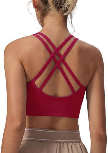 Leversic Sport BH Push up Cross Back Design Bustier kvinnor med vadderad utan bygel dam-bh medelstark för fitness, löpning, jogging, 1 st vinröd (315), XL