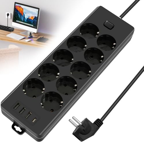 10-Fach Mehrfachsteckdose 2m PD 20W 2 USB-C Ports und 2 USB-A Ports 2000W/16A 1050 J Steckdosenleiste mit USB Steckdosenleiste überspannungsschutz Mehrfachsteckdose mit Schalter für Haus Schule Büro