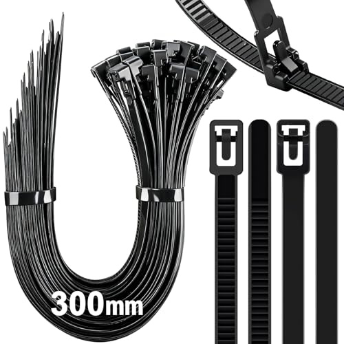 Caianwin 50 Stück Kabelbinder Wiederverschließbar 300 mm x 7,2mm, Zugfestigkeit Bis Zu 22kg, Nylon Kabelbinder Schwarz für Industrie, Gartenbau, Kabelindustrie
