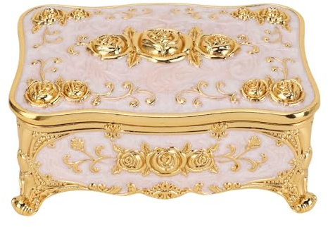 KKPLZZ Vintage Jewelry Box, Rectangular Zinc Alloy Floral Engraving Trinket Organizer with Soft Velvet Lining, for Rings Earrings Wedding Decor (Golden White)