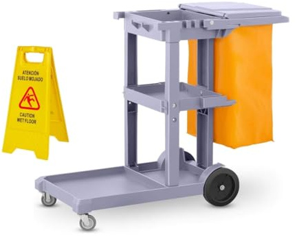 NOLDAR | Carro de Limpieza Profesional con Bolsa. Incluye señal de Advertencia Suelo Mojado - Carrito de Limpieza con 3 estantes, Plataforma Frontal y Ruedas Resistentes. Color Gris