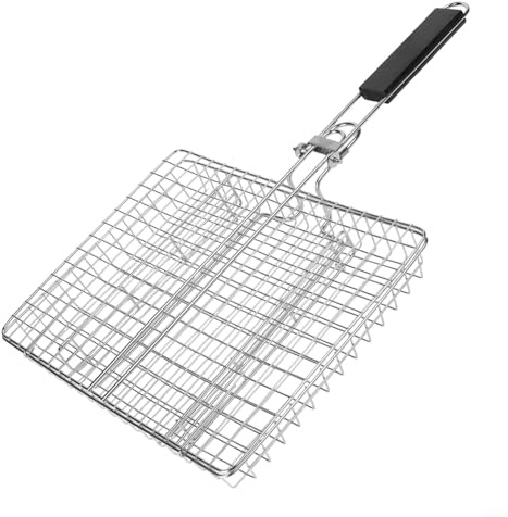 Jonikuper Panier de gril pliable en acier inoxydable avec poignée de verrouillage pour poissons et grandes coupes, outil de gril portable pour barbecue en plein air, 50,5 x 31 x 4 cm