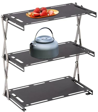 Generico Campinghyllor | Hopfällbar 3-nivås visningsstativ | 3 nivåer hyllor för förvaring | För camping picknick innergård trädgård BBQ inomhus