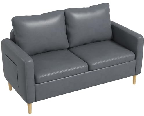 HOMCOM Sofá de 2 Plazas Sillón Moderno Tapizado en Poliéster con 2 Bolsillos Laterales Reposabrazos y Patas de Madera para Dormitorio Oficina Carga 200 kg 143x76x83 cm Gris