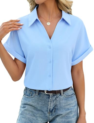 HEEKPEK Camicia Donna Estiva Camicetta Manica Corta Elegante Blusa Scollo a V Top Maniche a Pipistrello con Bottoni Maglietta Classico Tinta Unita Moda Casual Lavoro Shirt (Azzurro, L)