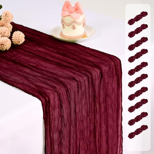 Pesonlook 10 Stück Burgunderroter Käsetuch Tischläufer, 45 x 275 cm | Lang Romantisch Halbtransparent rustikale Boho Seihtuch Hochzeits Tischläufer für Brautparty, Geburtstag, Party, Bankett