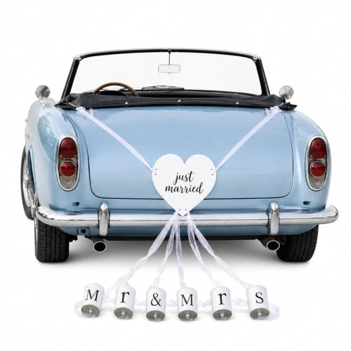 Just Married Hochzeitsdeko Set mit Blechdosen und Herzschild, Handgefertigte Mr & Mrs Dosen mit Schleifenband