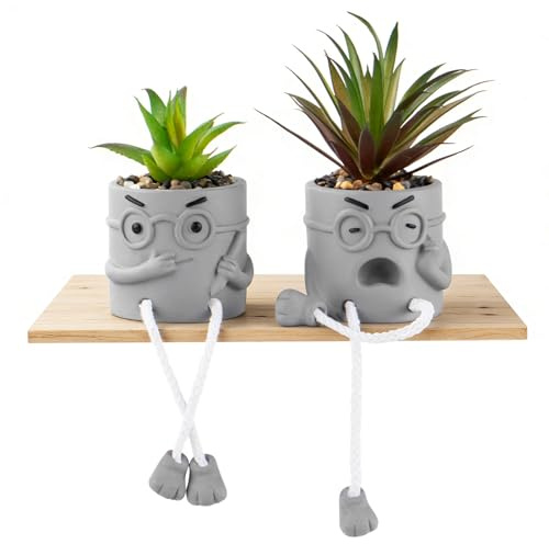 Fakeplant 2er Set Lustige Kunstpflanzen Klein im Beton-Topf - Deko Figuren für Badezimmer, Moderne Künstliche Sukkulenten wie echt, Lustige Badezimmer Deko für WC, Regal & Büro