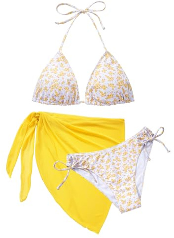 Svanco Conjunto de Bikini 3 Piezas Cute Triangulo para Mujer - Top Triángulo, Braguita Tanga y Taparrabos Wrap con Estampado Floral para Playa