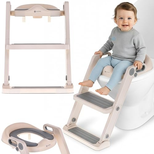 SUN BABY Riduttore WC con Scaletta 18-36 Mesi - Bianco-Grigio | Maniglie, regolazione 3 livelli, scaletta a 2 gradini e base antiscivolo