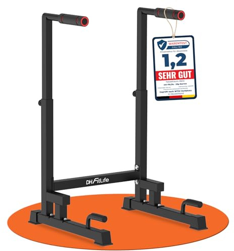 DH FitLife Dip Barren 100–130cm, 9-fach verstellbar, bis 200 kg | Stabile Dip-Station｜Statisch bis 500 kg｜Verdickte Schaumstoffgriffe｜Rutschfeste Füße｜Calisthenics, Parallettes & Dip Bar