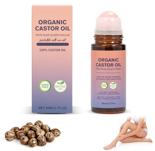 StreamSafe Organic Castor Oil Rose Quartz Roller Ball Bottle | Deep and Lasting Hydration, Non-Greasy, Gentle and Effective, for Body, Moisturize Skin, Glass Bottle