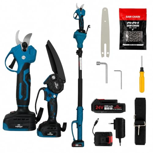Viemylu Kit Potatura 2 in 1, Forbice Elettrica a Batteria 24V 2000mAh con Asta Telescopica, Taglio fino a 30mm, Motore Brushless