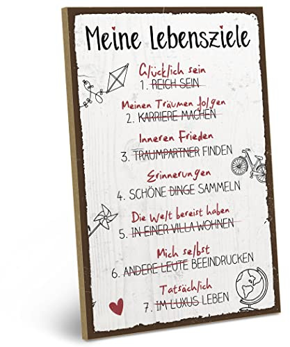 ARTFAVES® Wandbild Holzschild mit Spruch - MEINE LEBENSZIELE - Türschild Retro Vintage Deko Bild Geschenk - Glücklichsein, Achtsamkeit