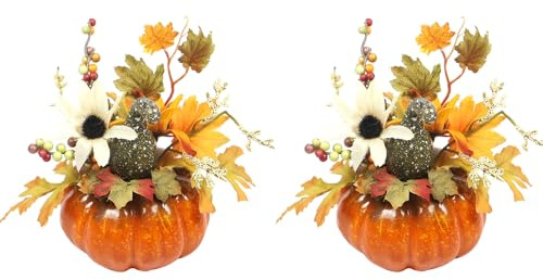 Amosfun 2 Piezas Halloween Artificial Calabaza decoración Arce Mesa Ornamente para Halloween Thanksgiving Otoño (Sol Flor Verde Curva Melón)