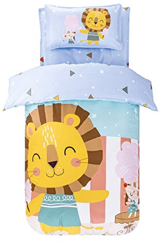 Stillshine. Literie pour Enfants 100% Coton, Parure de Lit Enfant - Happy Lion Animaux de La Forêt- Housse de Couette 120cm x150cm + Taie Oreiller 40 cm x 60 cm pour Lit Junior/Bas Âge/Bambin/Bébé