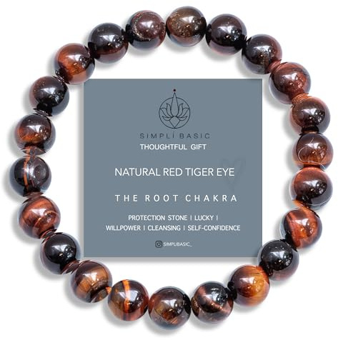 SIMPLÍ BASIC Natural Red Tiger Eye Healing Gemstone 8mm Bead Bracelet | Womens & Mens Motivational Bracelet Jewellery|Everyday Jewellery Gifts for Him Dad Son Boyfriend Husband Fathers Day