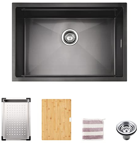 TORVA Undermount Single Bowl Workstation Sink with Chopping Board and Drainer, 1.2mm Gunmetal Black Ceramic Nano Coating, Stainless Steel, 660 x 450 x 230 mm