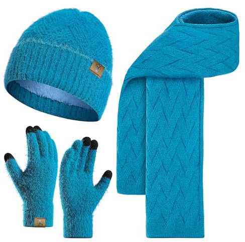 INSISMY Mütze Schal Set und Handschuhe für Damen Beanie Mütze Winter mit Fleecefutter and Touchscreen Handschuhe Langer Schal 3 in 1 Set