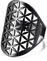 Amaxer Edelstahl Blume des Lebens Mandala Heilige Geometrie Ring für Frauen Aussage Ausgehöhlt Verstellbarer Bandring Schmuck für Dame