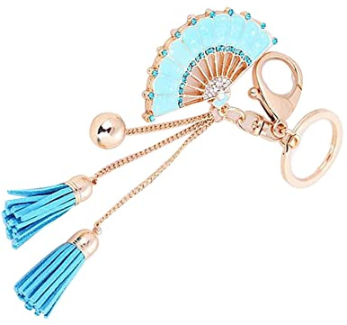 Porte-clés brillant en forme d'éventail - Porte-clés en métal - Pour clés, portefeuille, sac à main, sac à main, pendentif pour femme, bleu, 18cmx7cm