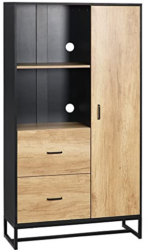 HOMCOM Kitchen Cupboard, Freestanding Storage Cabinet with Soft Close Door, Microwave Stand with Adjustable Shelves and Drawers, for Living Room, Dining Room, 160cm, Natural and Black