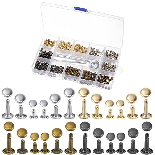 sourcing map 180 Juegos Cuero Remaches Kit 4 Colores 3 Tamaños Metal Tachuelas Doble Tapa Remache con 3uds Instalación Herramientas Remaches para Cuero Tela Reparación Decoración