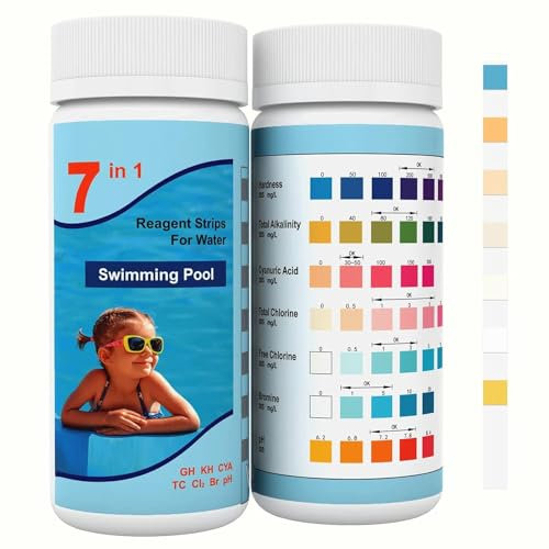 7 IN 1 Pool Teststreifen, 100 Stück Pool Tester,Spa Whirlpool Teststreifen, Wassertester für Pool Gesamthärte, Freies Chlor, Brom, Gesamtchlor und PH-Wert, Pool Ph Tester,Pool Zubehör